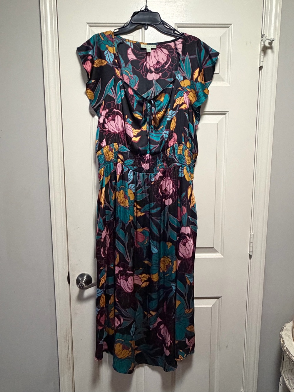 Floral Tie-Front Midi Dress in Black with Pink & Teal